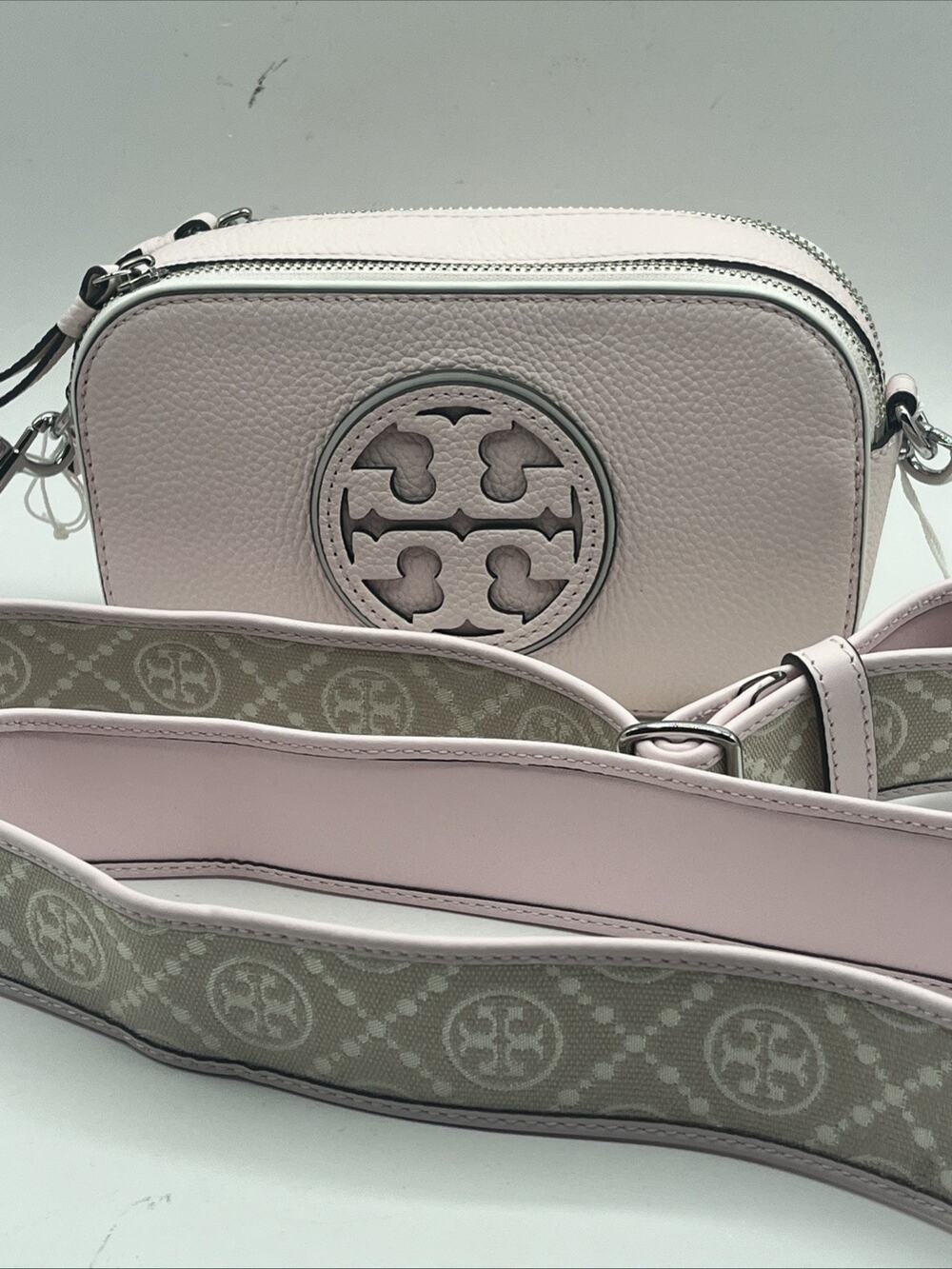 Tory Burch Miller Mini Crossbody Bag Light Pale Pink Leather Woven Strap NWT